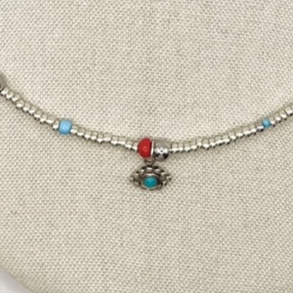 Handmade Silver Beaded Necklace with Scosha Turquoise Eye Pendant - Picture 2 of 2